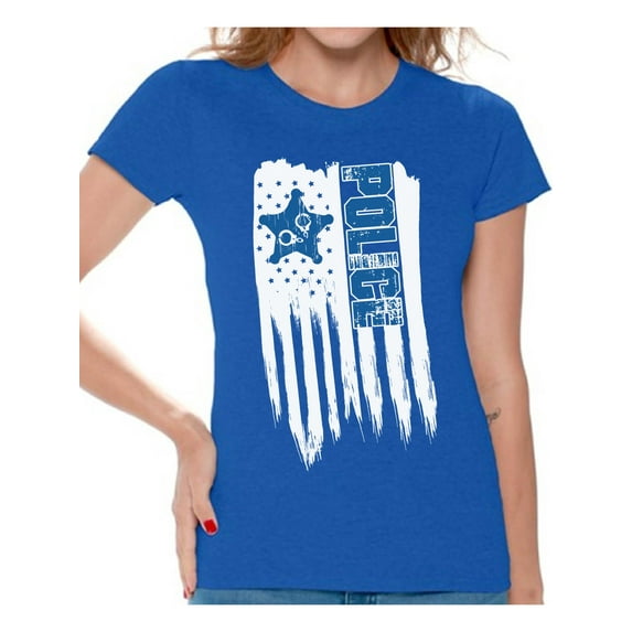 Awkward Styles American Flag Police Women Shirt USA Gifts Retro USA Police T shirt for Women 4th of July Gifts Pro America Police Women Tshirt Poud American 4th of July Police T-shirt for Women