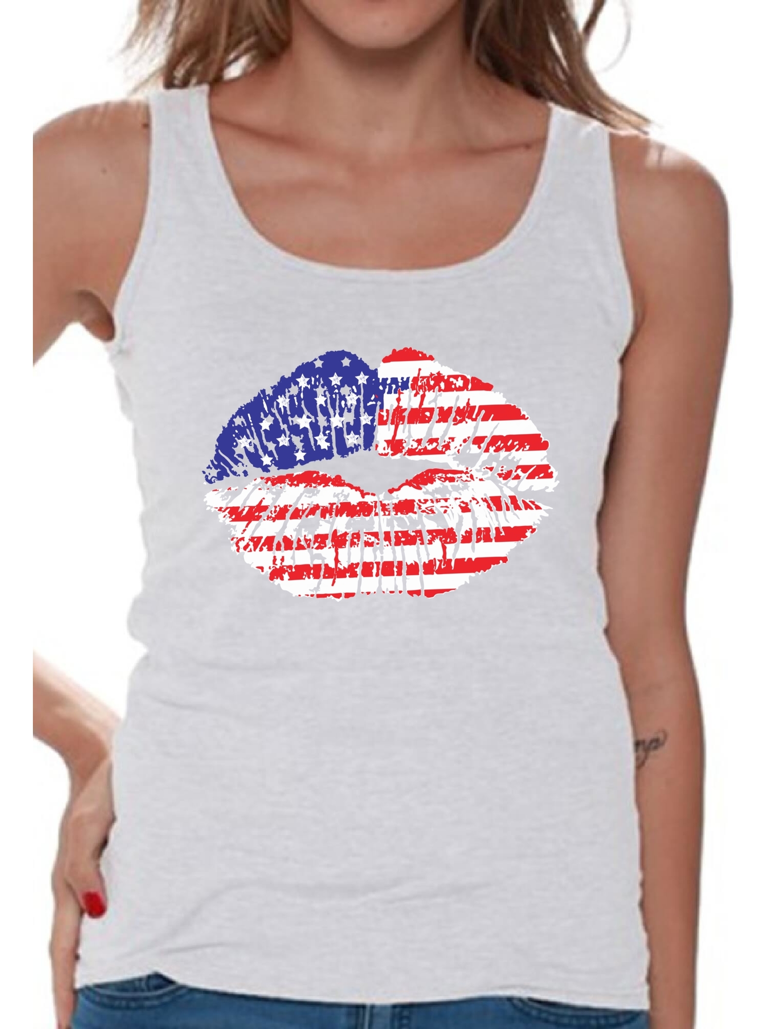 Awkward Styles American Flag Tank Tops Lips Tank Tank for Women USA Flag Stars and Stripes Lips Women's Tops Red White & Blue Lips Tank Top 4th of July Gift Independence Day Party Outfit for Her - image 1 of 4