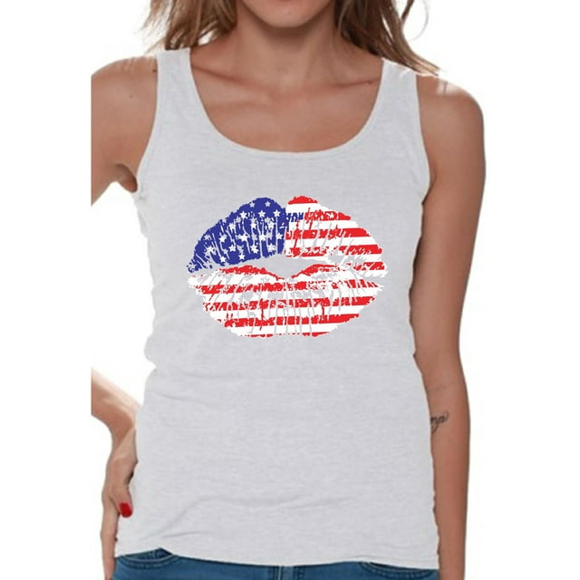 Awkward Styles American Flag Tank Tops Lips Tank Tank for Women USA Flag Stars and Stripes Lips Women's Tops Red White & Blue Lips Tank Top 4th of July Gift Independence Day Party Outfit for Her