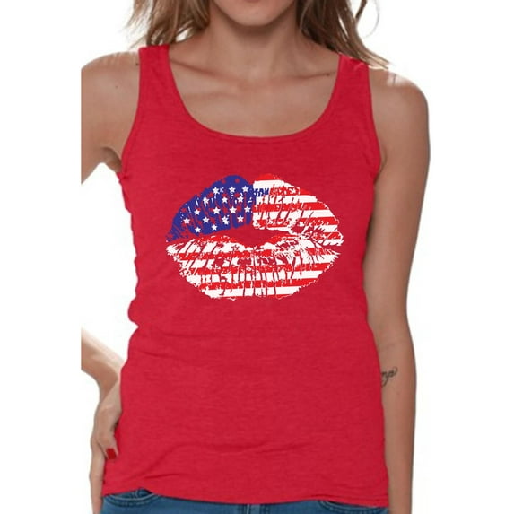 Awkward Styles American Flag Tank Tops Lips Tank Tank for Women USA Flag Stars and Stripes Lips Women's Tops Red White & Blue Lips Tank Top 4th of July Gift Independence Day Party Outfit for Her