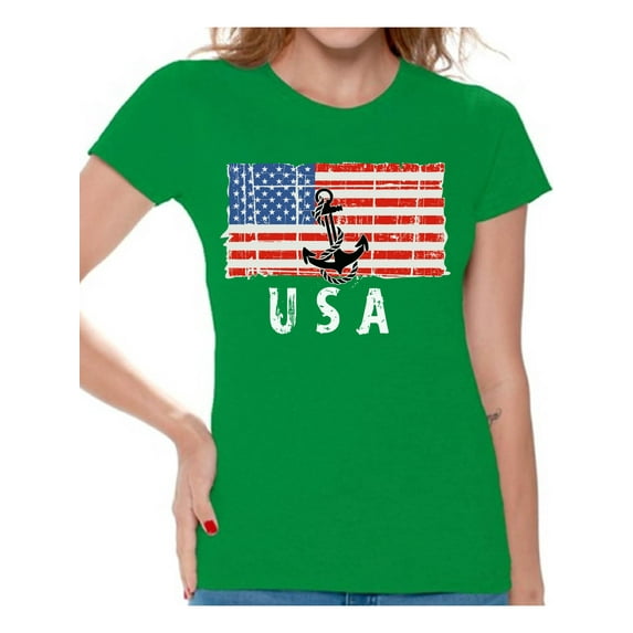 Awkward Styles Anchor USA Women Shirt Red White and Blue American Flag T shirt for Women United States of America Vintage USA Women Tshirt Stripes and Stars USA Flag T-shirt for Women