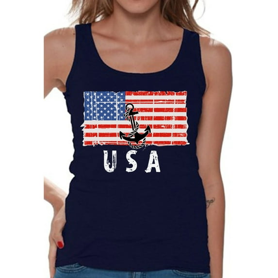 Awkward Styles Anchor USA Women Tank Top USA Patriotic Gifts Retro USA Shirt for Women Proud American USA Patriotic Women Tank 4th of July Gifts 4th of July Top for Women I'm American