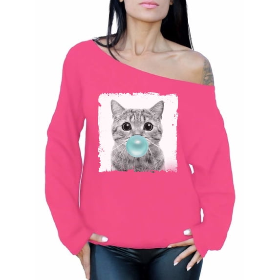 Awkward Styles Animal Lover Sweatshirt Cat with Gum Off The Shoulder Sweatshirt Cat Clothing Cat Crewneck Cute Animal T Shirt Little Cat Off The Shoulder Sweatshirt Cute Animal Clothing Collection