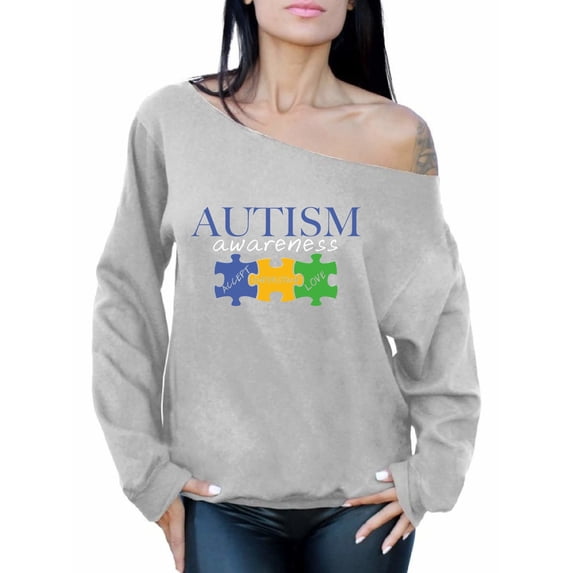 Awkward Styles Autism Awareness Off the Shoulder Sweatshirt Accept Understand Love Autism Sweater for Women Support Autism Awareness Sweatshirt Puzzle Off Shoulder Top Autism Awareness Gifts