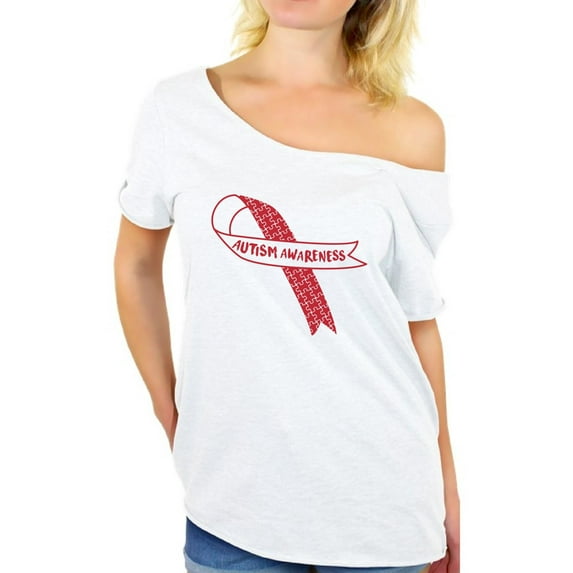 Awkward Styles Autism Awareness Red Ribbon Support Unique Graphic Off Shoulder Tops T-shirt