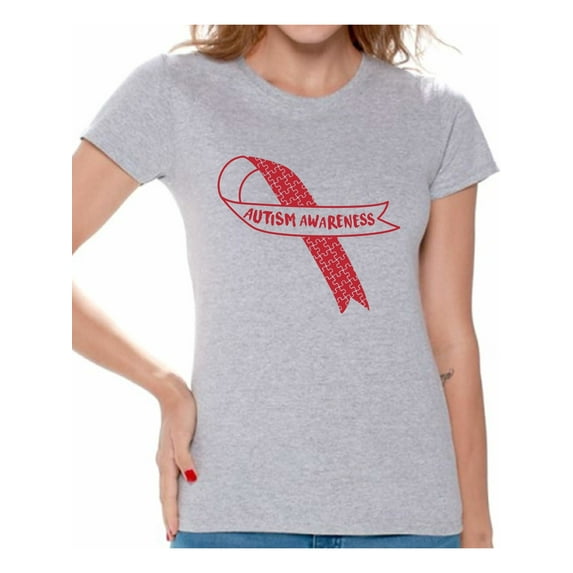 Awkward Styles Autism Awareness Red Ribbon Support Unique Graphic T-shirt Tops