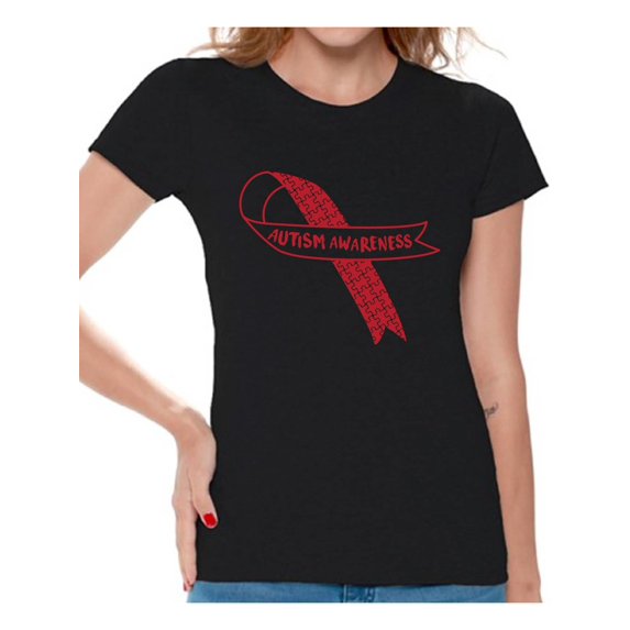 Awkward Styles Autism Awareness Red Ribbon Support Unique Graphic T-shirt Tops