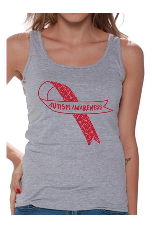 Autism Awareness Red Ribbon Support Unique Graphic Tank Tops