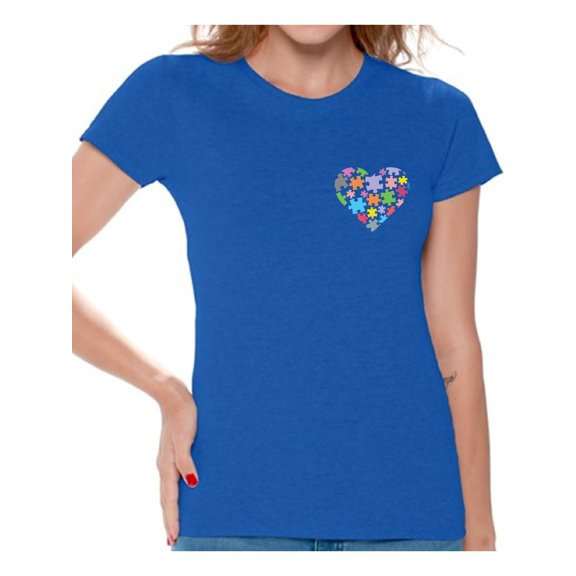 Awkward Styles Autism Awareness Shirts for Women Heart Pocket T-shirt Autism Gifts Love Puzzle Tshirt for Women Support Autism Awareness Women's T Shirt Tops Autistic Spectrum Awareness Shirts