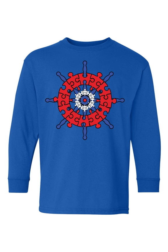 Autism Awareness Youth Long Sleeve T-shirt for Boys Captain's Helm Crewneck Tee for Girls