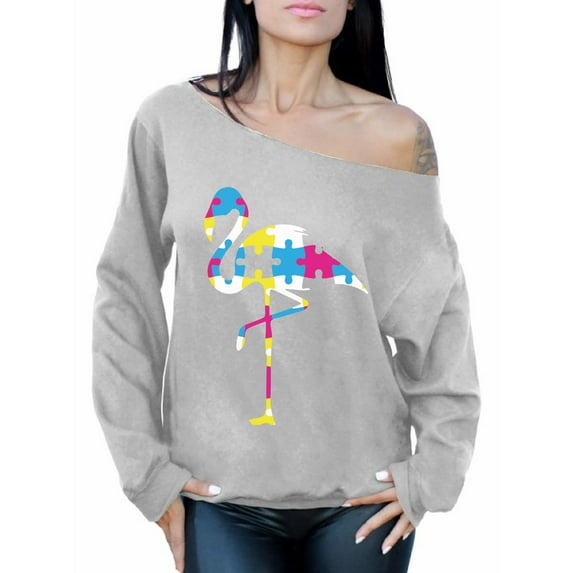 Awkward Styles Autism Flamingo Puzzle Off Shoulder Sweatshirt Women's Autism Sweater Autism Awareness Sweatshirt Oversized Autism Gifts for Her Autism Support Casual Loose Fit Sweater for Women