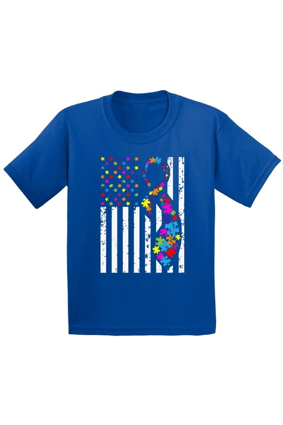 Autism Ribbon Flag Toddler Shirt Autism Awareness Shirt for Kids Autism American Flag Tshirt Autism Color Flag Shirt for Toddlers Autism Awareness Gifts for Boys and Girls Autism Shirt