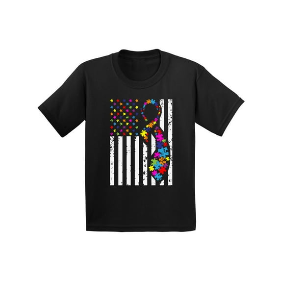 Awkward Styles Autism Ribbon Flag Toddler Shirt Autism Awareness Shirt for Kids Autism American Flag Tshirt Autism Color Flag Shirt for Toddlers Autism Awareness Gifts for Boys and Girls Autism Shirt