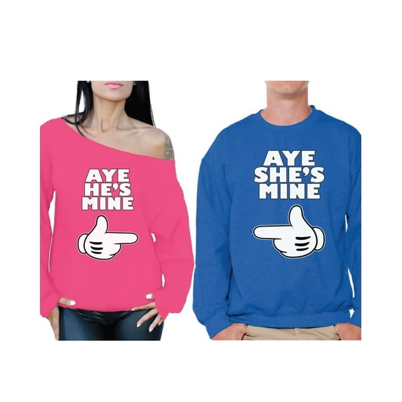 Awkward Styles Aye He's Mine Aye She's Mine Couple Sweatshirts Cute Matching Boyfriend Girlfriend Couple Sweaters Happy Valentines Day Couples Gift He's Mine Off Shoulder Sweatshirt She's Mine Sweater