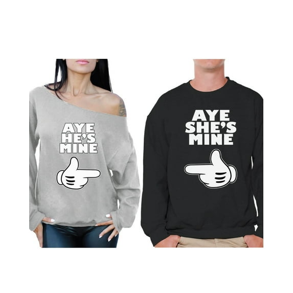 Awkward Styles Aye He's Mine Aye She's Mine Couple Sweatshirts Cute Matching Boyfriend Girlfriend Couple Sweaters Happy Valentines Day Couples Gift He's Mine Off Shoulder Sweatshirt She's Mine Sweater