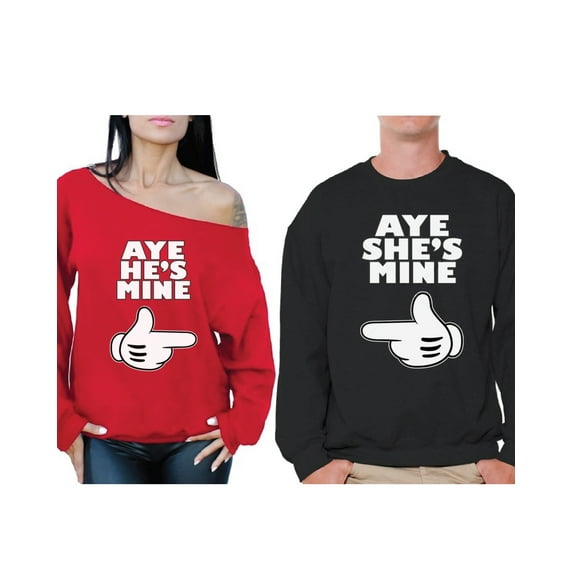 Awkward Styles Aye He's Mine Aye She's Mine Couple Sweatshirts Cute Matching Boyfriend Girlfriend Couple Sweaters Happy Valentines Day Couples Gift He's Mine Off Shoulder Sweatshirt She's Mine Sweater