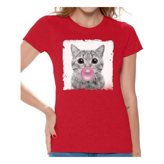 Awkward Styles Baby Cat Shirt Women T Shirt Little Cat Blowing Gum T Shirt Funny Animal Clothes T-Shirt for Woman Funny Animal Lovers Gifts for Her Cat Clothing Cat T Shirt Cute Animal T Shirt