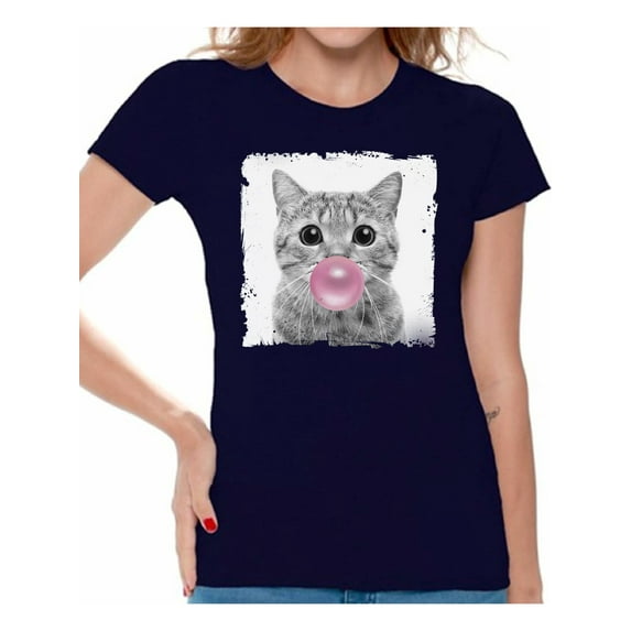 Awkward Styles Baby Cat Shirt Women T Shirt Little Cat Blowing Gum T Shirt Funny Animal Clothes T-Shirt for Woman Funny Animal Lovers Gifts for Her Cat Clothing Cat T Shirt Cute Animal T Shirt