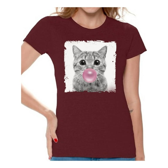 Awkward Styles Baby Cat Shirt Women T Shirt Little Cat Blowing Gum T Shirt Funny Animal Clothes T-Shirt for Woman Funny Animal Lovers Gifts for Her Cat Clothing Cat T Shirt Cute Animal T Shirt