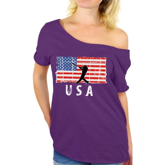 Awkward Styles Baseball USA Off Shoulder Shirt Made in the USA USA Flag Women T shirt Proud American 4th of July Tshirt for Women Red White and Blue USA Patriotic Off Shoulder Shirt