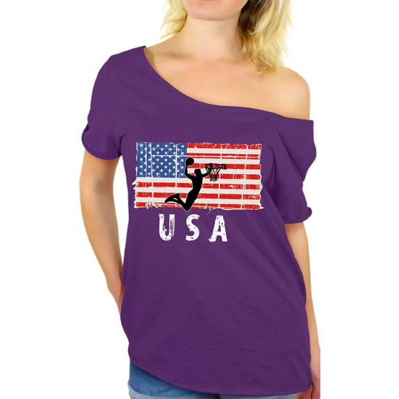 Awkward Styles Basketball USA Off Shoulder Shirt American Flag 4th of July Women T shirt Made in the USA Sport Tshirt for Women Patriotic Gifts USA Basketball Women Off Shoulder Shirt