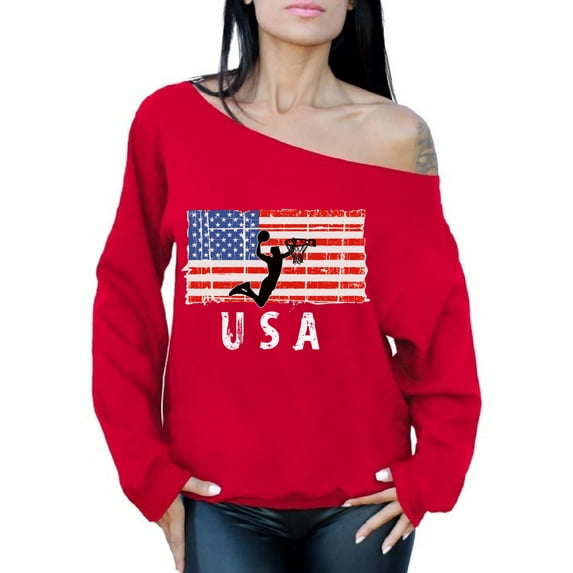 Awkward Styles Basketball USA Off Shoulder Sweatshirt Love USA 4th of July Women Sweater 4th of July Party USA Sweatshirt for Women Red White and Blue Vintage USA Flag Off Shoulder Sweatshirt