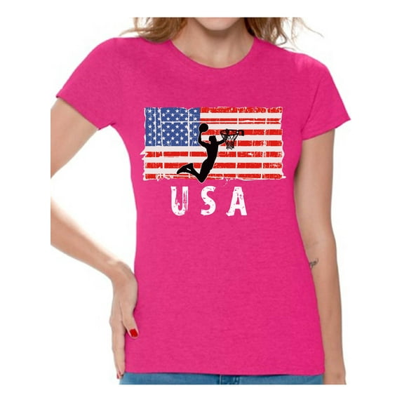 Awkward Styles Basketball USA Women Shirt Proud American Pro America T shirt for Women Stripes and Stars Patriotic Women Tshirt USA Pride Retro USA Flag T-shirt for Women