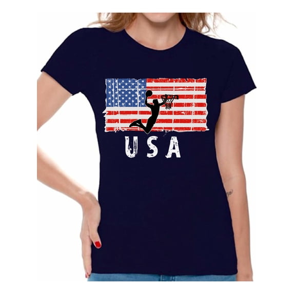 Awkward Styles Basketball USA Women Shirt Proud American Pro America T shirt for Women Stripes and Stars Patriotic Women Tshirt USA Pride Retro USA Flag T-shirt for Women