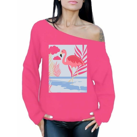 Awkward Styles Beach Party Ladies Off Shoulder Sweater Summer Clothing for Women Pink Flamingo Oversized Sweatshirt for Mom Funny Summer Clothes Flamingo Off The Shoulder Sweatshirt for Women