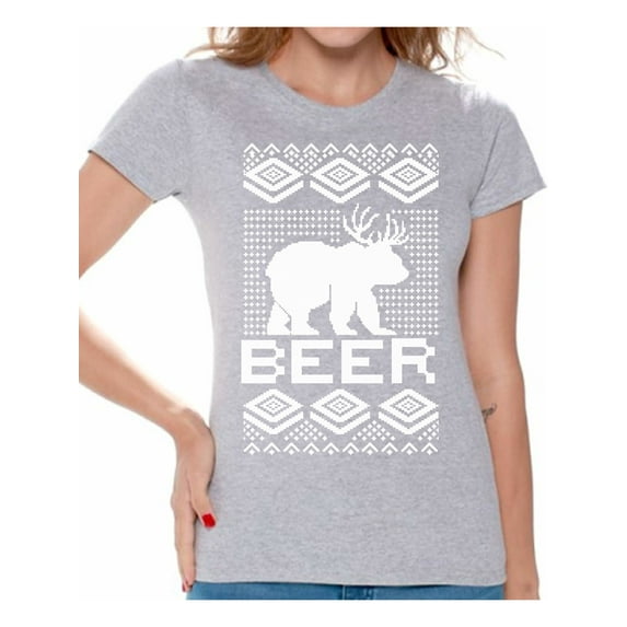Awkward Styles Bear Deer Christmas Shirts for Women Funny Bear with Antlers Shirt Women's Holiday Top Christmas Deer Christmas T-shirt Funny Tacky Party Holiday Shirt Xmas Party Shirt