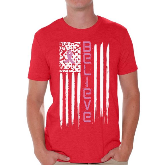 Awkward Styles Believe Tshirt Cancer Shirts Cancer Flag T-Shirt Breast Cancer Awareness Shirts for Men Pink Ribbon Flag Men's Shirt American Cancer Flag T Shirt Cancer Survivor Gifts for Him
