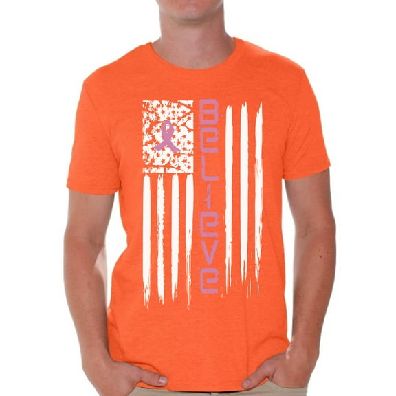 Awkward Styles Believe Tshirt Cancer Shirts Cancer Flag T-Shirt Breast Cancer Awareness Shirts for Men Pink Ribbon Flag Men's Shirt American Cancer Flag T Shirt Cancer Survivor Gifts for Him