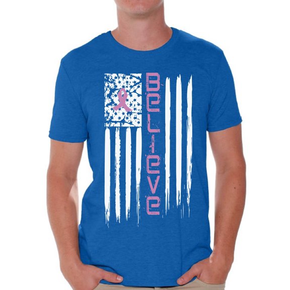 Awkward Styles Believe Tshirt Cancer Shirts Cancer Flag T-Shirt Breast Cancer Awareness Shirts for Men Pink Ribbon Flag Men's Shirt American Cancer Flag T Shirt Cancer Survivor Gifts for Him