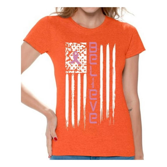 Awkward Styles Believe Tshirt Cancer Shirts Cancer Flag T-Shirt Breast Cancer Awareness Shirts for Women Pink Ribbon Flag Women's Shirt American Cancer Flag T Shirt Cancer Survivor Gifts for Her