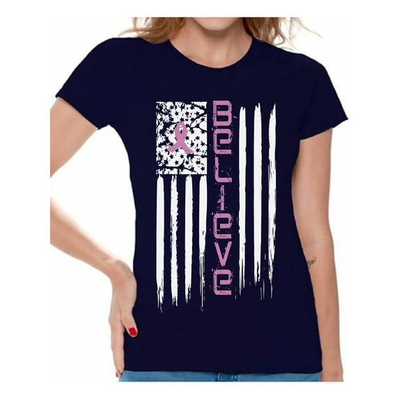 Awkward Styles Believe Tshirt Cancer Shirts Cancer Flag T-Shirt Breast Cancer Awareness Shirts for Women Pink Ribbon Flag Women's Shirt American Cancer Flag T Shirt Cancer Survivor Gifts for Her