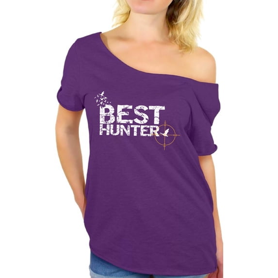 Awkward Styles Best Hunter Off Shoulder Shirt for Women Best Hunter Ever Ladies Off The Shoulder Shirt Hunting Lovers Oversized T-Shirt for Her Hunting Birthday Gifts for Her Best Hunter Clothes