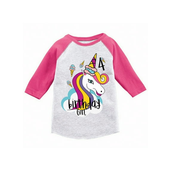Awkward Styles Birthday Girl Toddler Raglan Unicorn Jersey Shirt 4th Birthday Unicorn Gifts for 4 Year Old Girl Cute Unicorn Icecream Outfit 4th Birthday Party for Girls Unicorn Birthday Party Shirt