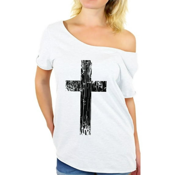 Awkward Styles Black Cross Off Shoulder T Shirt for Women Christian Cross Gifts for Wife Jesus Ladies Off Shoulder Shirt Jesus Clothing for Women Cross Shirt for Her Christian Cross Women Clothes