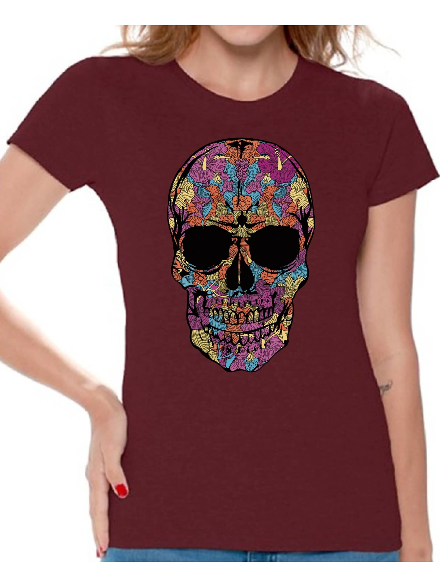 Awkward Styles Black Flowered Skull Tshirt Top skull shirts womens mens ...