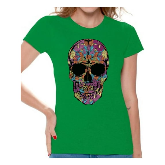Awkward Styles Black Flowered Skull Tshirt Top skull shirts womens mens day of the dead costume t shirt dia de Los Muertos costume t shirt candy skull sugar skull costume tshirt skull for women