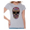 thumbnail image 1 of Awkward Styles Black Flowered Skull Tshirt Top skull shirts womens mens day of the dead costume t shirt dia de Los Muertos costume t shirt candy skull sugar skull costume tshirt skull for women, 1 of 4