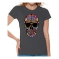 thumbnail image 1 of Awkward Styles Black Flowered Skull Tshirt Top skull shirts womens mens day of the dead costume t shirt dia de Los Muertos costume t shirt candy skull sugar skull costume tshirt skull for women, 1 of 4