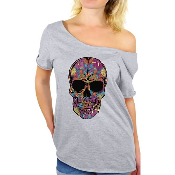 Awkward Styles Black Flowered Skull off the shoulder top t shirt skull shirts womens day of the dead costume t shirt dia de Los Muertos costume t shirt sugar skull candy skull costume t shirt skull