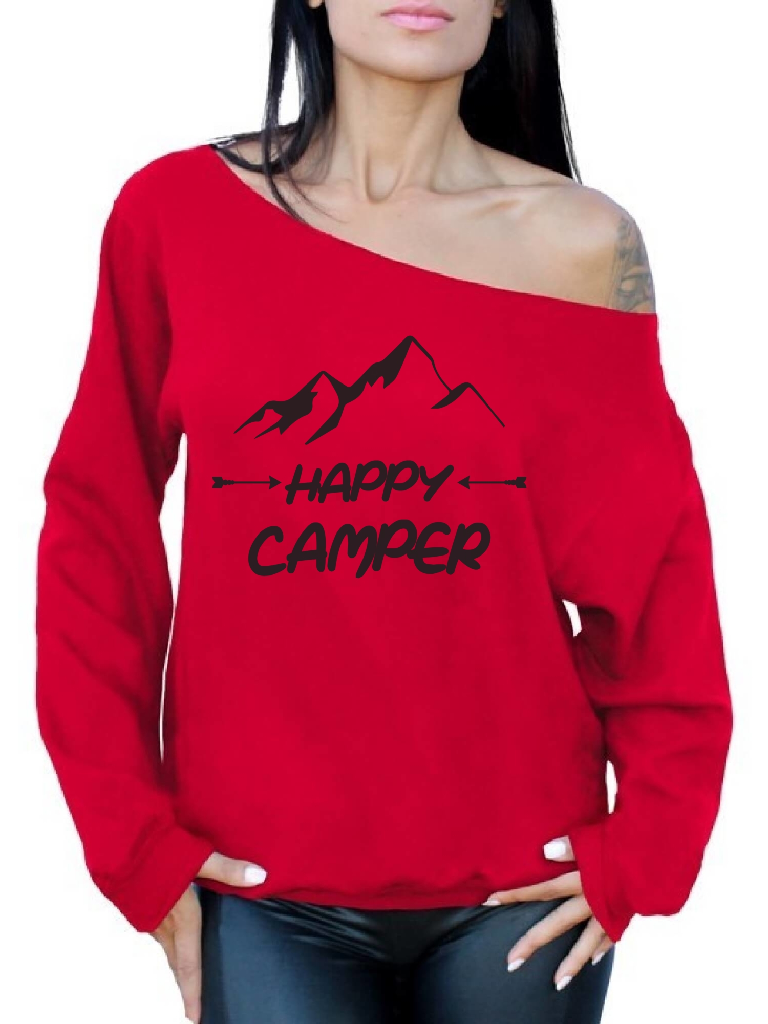 Awkward Styles Black Off Shoulder Sweater Happy Camper Off The Shoulder Sweatshirt Camper Off Shoulder Sweater for Mom Happy Camper Oversized Sweater for Women Camping Clothes Happy Camper Sweatshirt - image 1 of 4