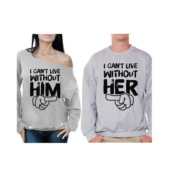 Awkward Styles Boyfriend Girlfriend Couple Sweatshirts I Can't Live Without Him Off Shoulder Sweatshirt I Can't Live Without Her Sweater Cute Matching Couple Sweaters Valentines Day Love Gift Ideas