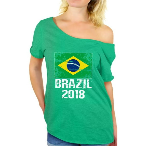Awkward Styles Brazil 2018 Soccer Off Shoulder Shirt Brazilian Flag Baggy Shirt