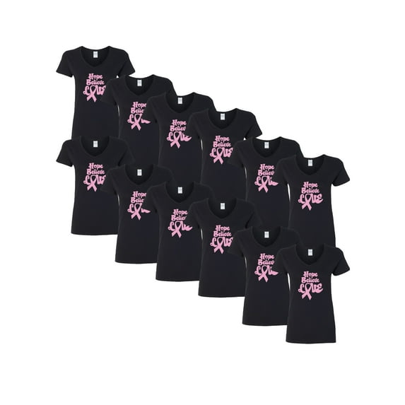 Awkward Styles Breast Cancer Awareness Women V-neck Shirt Hope Believe Love Shirt for Ladies Support Cancer Vneck Shirt Set of 6 Set of 12 Set of 24