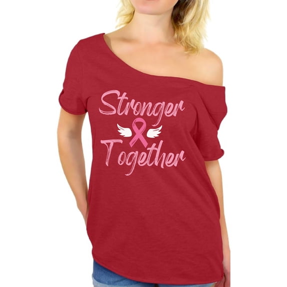 Awkward Styles Breast Cancer T-Shirt Stronger Together Ribbon Off Shoulder Tops for Women