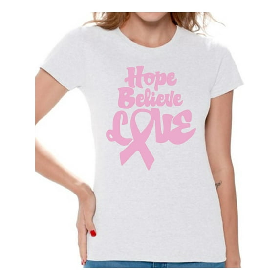Awkward Styles Cancer Support Shirts for Mom Hope T Shirt for Woman Hope Believe Love Tshirt for Women Cancer Shirt for Ladies Cancer Gifts Breast Cancer Awareness Shirt Pink Ribbon Support Gifts