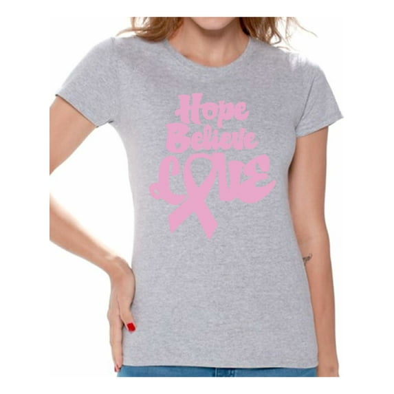 Awkward Styles Cancer Support Shirts for Mom Hope T Shirt for Woman Hope Believe Love Tshirt for Women Cancer Shirt for Ladies Cancer Gifts Breast Cancer Awareness Shirt Pink Ribbon Support Gifts